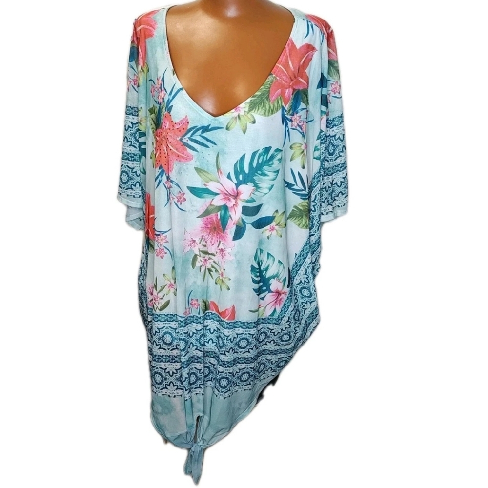 Avenue Embellished V-Neck Batwing Chiffon Top Tropical Blue Front Tied Sz 30/32W